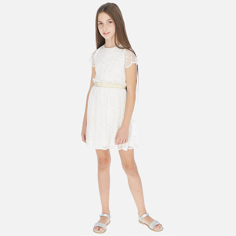Off White and Gold Florettes Short Sleeve Dress