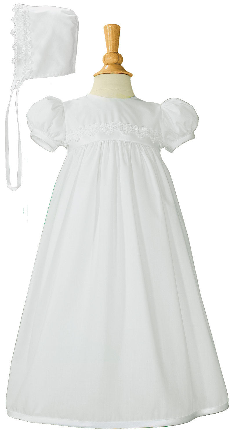 Girls White Polycotton Christening Baptism Gown with Lace Trim & Bonnet